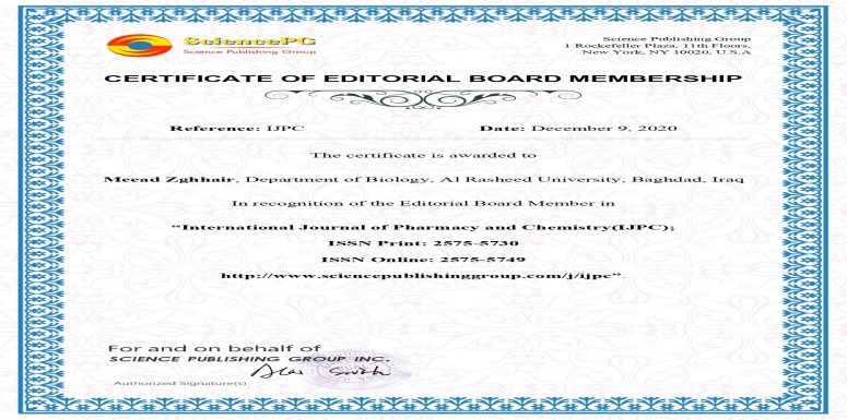 عضو هيئة تحرير في مجلة International Journal of Pharmacy and Chemistry(IJPC)